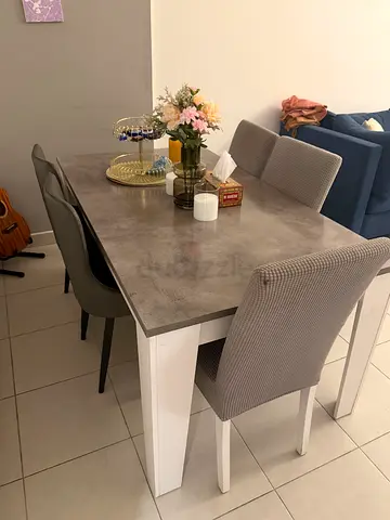 Modern grey dining table with 5 chairs - used, good condition