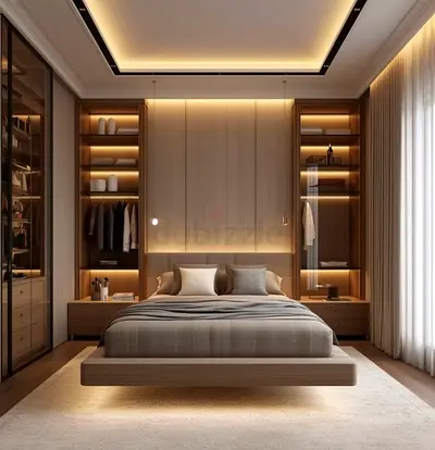Modern Floating Bed with Built-in Wooden Wardrobe Shelving