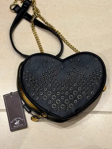 Polo Black Heart-Shaped Crossbody Bag with Gold Chain Detail
