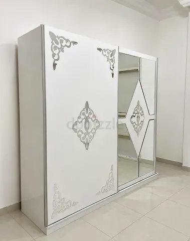 White Mirrored Sliding Wardrobe with Decorative Panels - 2 Doors