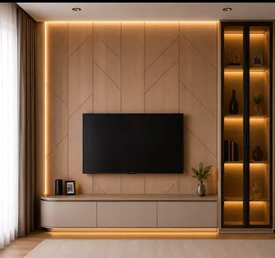 Modern wall-mounted TV entertainment unit with illuminated display cabinet