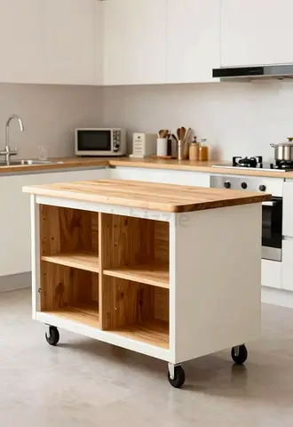 Wood Top Kitchen Island Cart on Wheels with Open Shelves