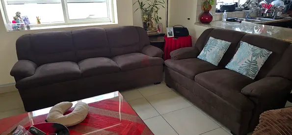 Brown 2-piece fabric sofa set — 3-seater and 2-seater, good condition