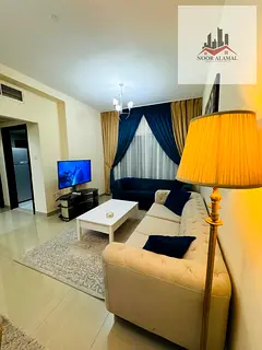 Sharjah, Al Taawun, near Oriana Hospital: Furnished apartment featuring a bedroom, living room, kitc