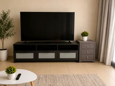 Black TV Entertainment Unit with side Storage Shelves and Drawers
