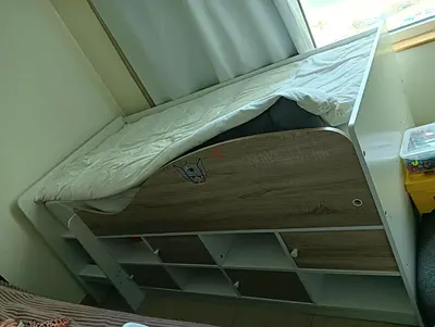 Kids loft bed with built-in shelves and ladder - light wood