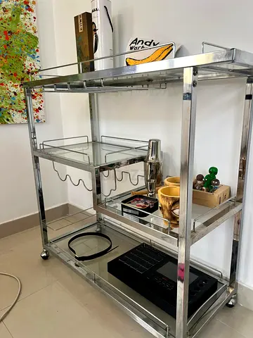 Chrome Bar Trolley / Serving Cart with Glass Shelves on Wheels
