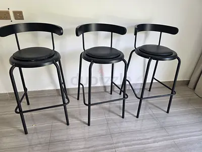 Set of 3 Black Metal Bar Stools with Backrest - Good Condition
