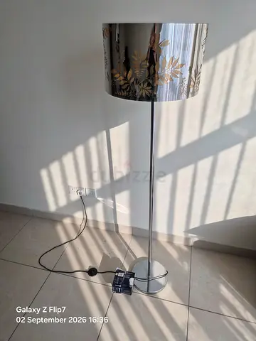 Chrome floor lamp with decorative floral shade - good condition