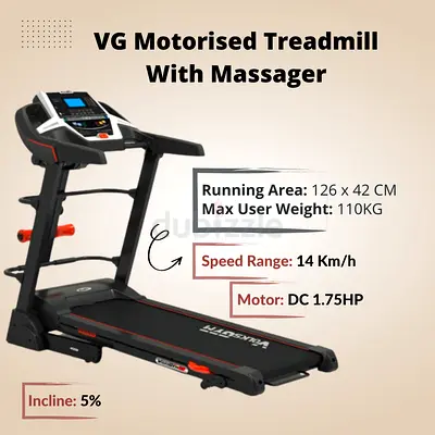 "VG Motorised Treadmill With Massager
Running Area: 126CMx 42CM
Motor: DC 1.75HP Low Noise
Absorptio