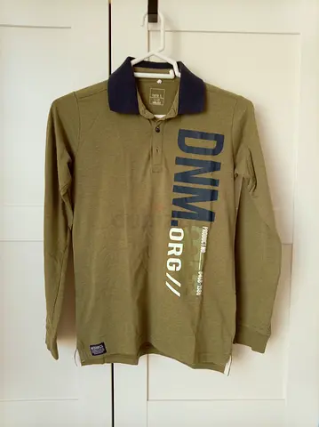 Olive green long sleeve polo shirt with printed logo - M/ 11-12 years