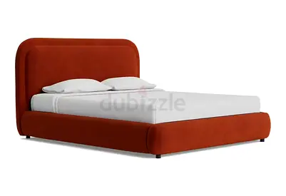 Modern Upholstered Double Bed with Padded Headboard - Rust Orange