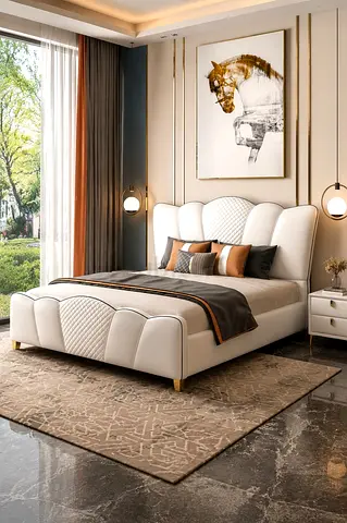 Modern Upholstered King Bed with Quilted Headboard - Elegant White