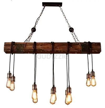 Industrial Wood Beam Chandelier – Excellent Condition
