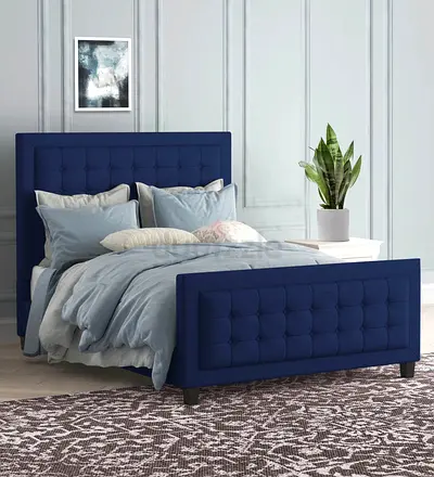 Royal blue velvet upholstered queen bed
