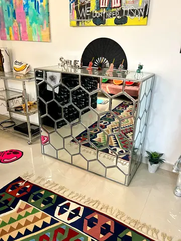 Mirrored Honeycomb Front Storage Cabinet - Decorative Sideboard