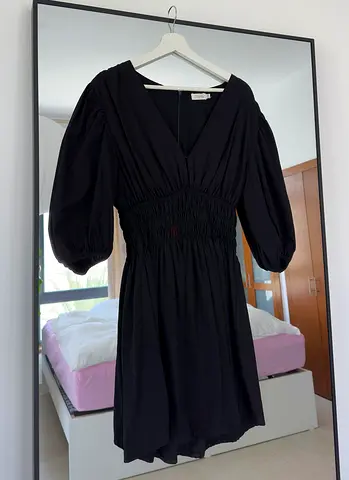 Black V-neck Smocked Waist Cotton Mini Dress with Puff Sleeves - M/L size