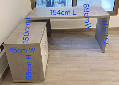 L-shaped Office Desk with 3-Drawer Storage - Grey Wood Finish