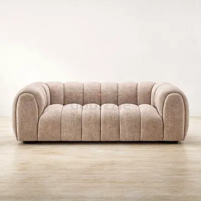 Beige 3-Seater Plush Channel-Tufted Sofa - Good Condition