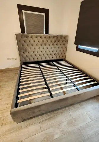 Grey Velvet Tufted Bed Frame with Slatted Base