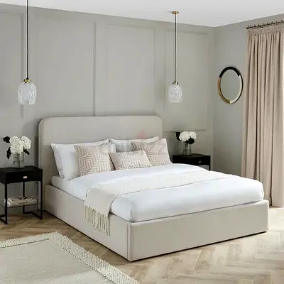 Beige Upholstered Double Bed with Headboard - Good Condition