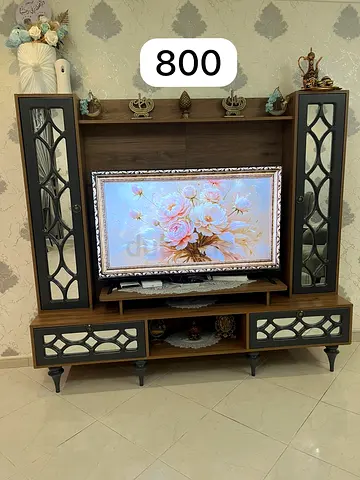 Wooden TV Entertainment Unit with Display Cabinets - Good Condition