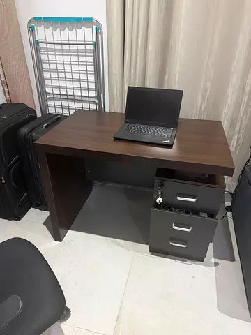 wooden computer desk with rolling drawer unit - dark brown