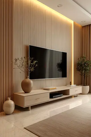 Minimalist low TV cabinet with drawers - light wood finish