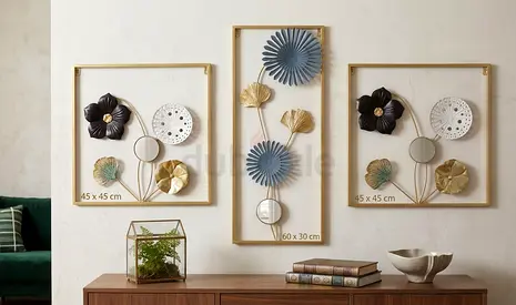 Set of 3 Framed Metal Wall Art Panels - Floral Geometric Design