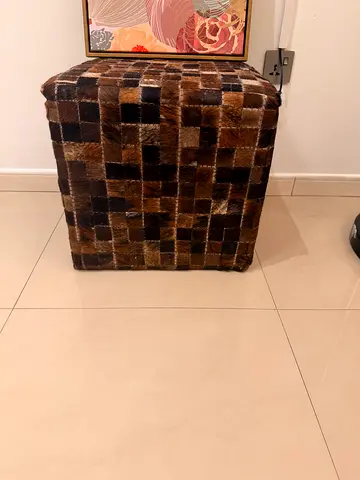 Brown Patchwork Fur Pouf Ottoman - Compact Footstool