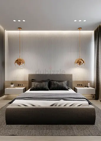 Modern grey upholstered bed with bedside tables and pendant lightsn wall cleding