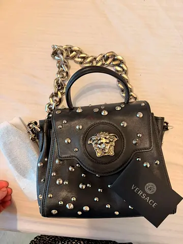 Original Versace bag Black Leather Medusa Studded Top-Handle Bag with Chain Strap