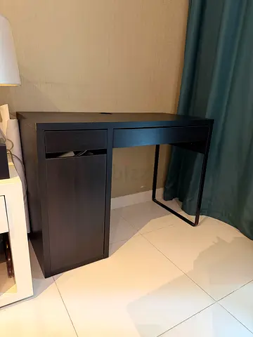 Minimal Dark Wood Computer Desk with Storage Cabinet