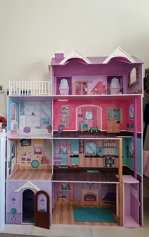Large Wooden Dollhouse with Furniture Stickers — 4 Levels, Pink & Purple + furniture for dollhouse