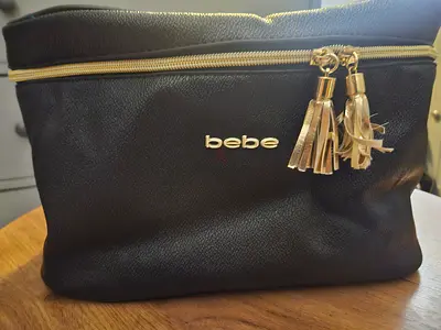 Black bebe leather makeup / toiletry bag with gold zipper