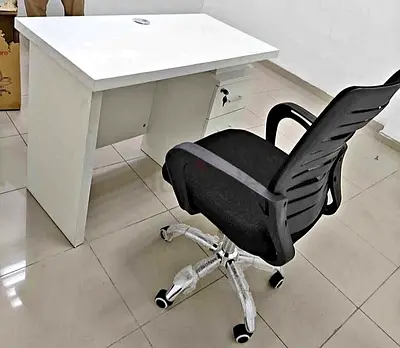 White Office Desk with Lockable Drawer and Black Ergonomic Swivel Chair