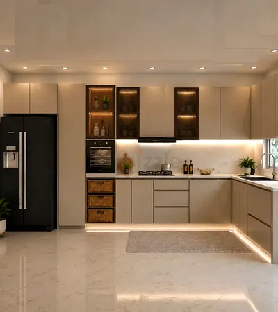 Modern L-shaped Kitchen Cabinet Set with Integrated Lighting