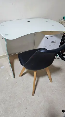 White Glass Top Office Desk with Black Ergonomic Chair
