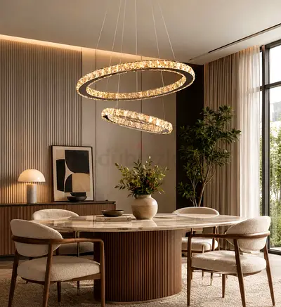 Modern Crystal Ring Pendant Chandelier - Double Halo Dining Light