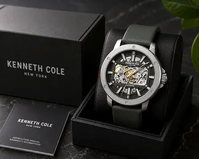Kenneth Cole Automatic Skeleton Watch with Grey Leather Strap