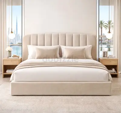 Beige Upholstered Queen Size Bed with Padded Headboard