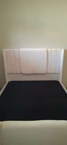 Queen bed with upholstered headboard and mattress - good condition