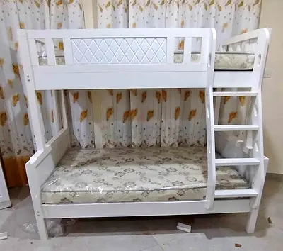 Solid Wood White Bunk Bed with Side Ladder — Double on Bottom, Single on Top