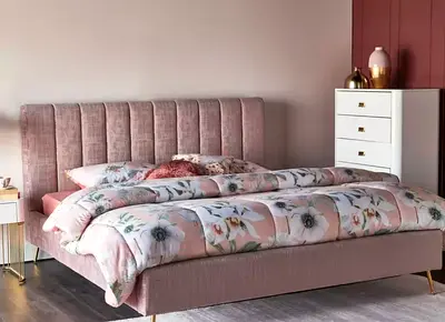 Full bedroom Upholstered King Bed Frame with Padded Headboard - Blush Pink