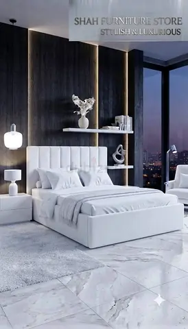 Modern Upholstered Double Bed with Headboard - White