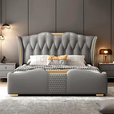 Modern Grey Upholstered King Bed with Quilted Headboard