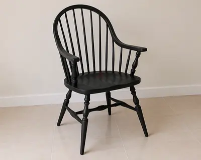 Solid Wood Dining Table with 6 Windsor Chairs - Dark Finish