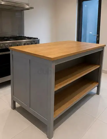 Solid Wood Kitchen Island with Open Shelves - Grey Base, Oak Top