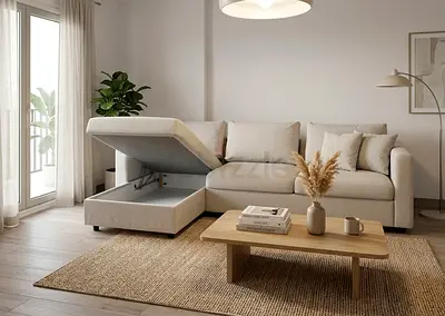 Beige L-shaped Storage Sofa bed Chaise, Good Condition