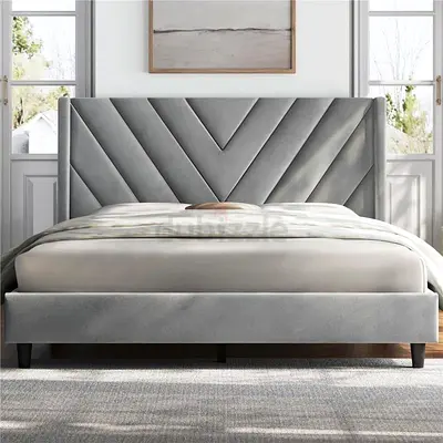 Grey Velvet Upholstered Bed Frame with Chevron Headboard — Queen Size